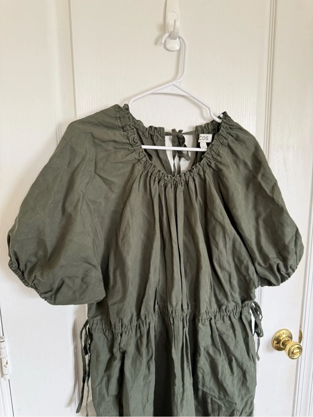 COS Puff Sleeve Olive Green Wide-Leg Jumpsuit